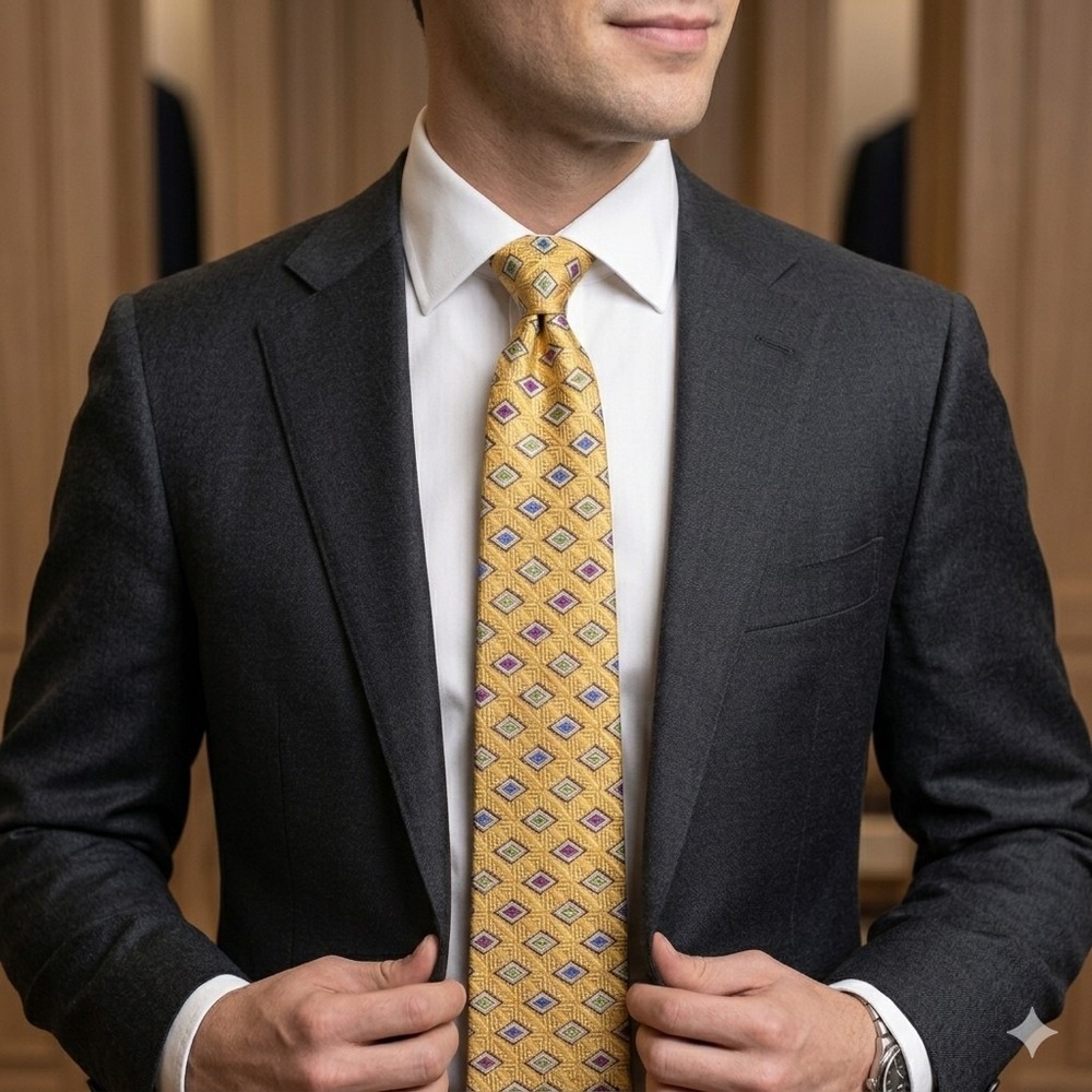 HOLLAND & SHERRY London 1836 Men's Silk Tie Gold Geometric Diamond Pattern